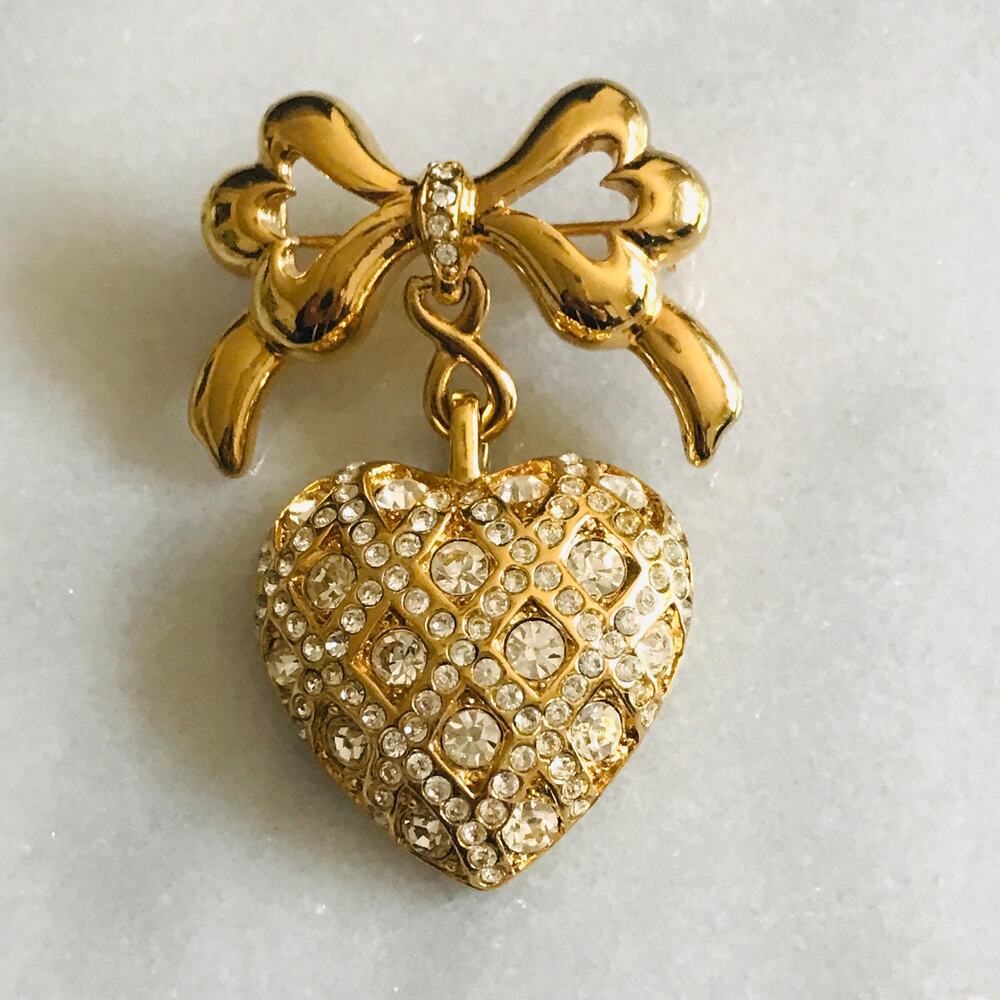 Vintage Monet Bow Heart Brooch - Gold Tone, Rhinestone - Dangling Romantic Heart